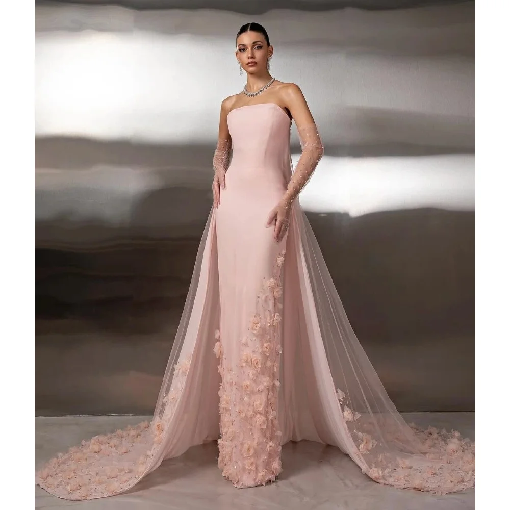 

Pink Mermaid Evening Dresses Floral Appliques Long Sleeves Prom Gowns Romantic Sweep Train Customized Special Occasion Dresses