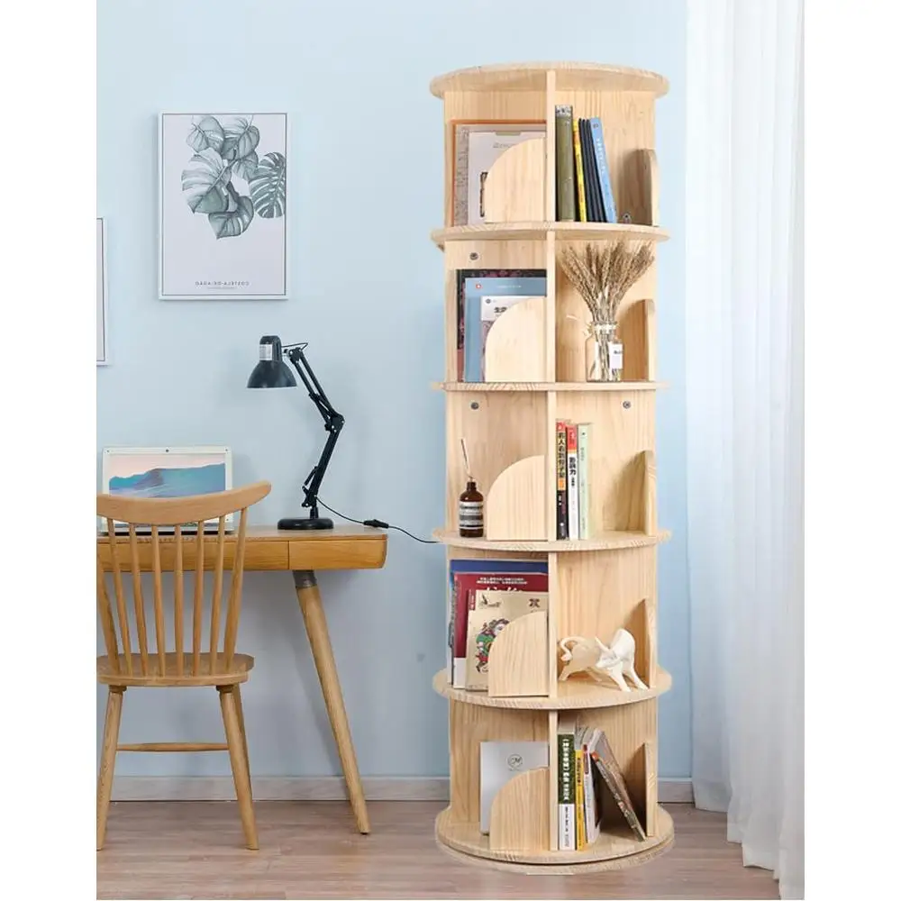 360 Rotating 5-Tier Wood Bookshelf Organizer Storage Rack with Stackable Shelves Kids Adults Bedroom Office & Living Room