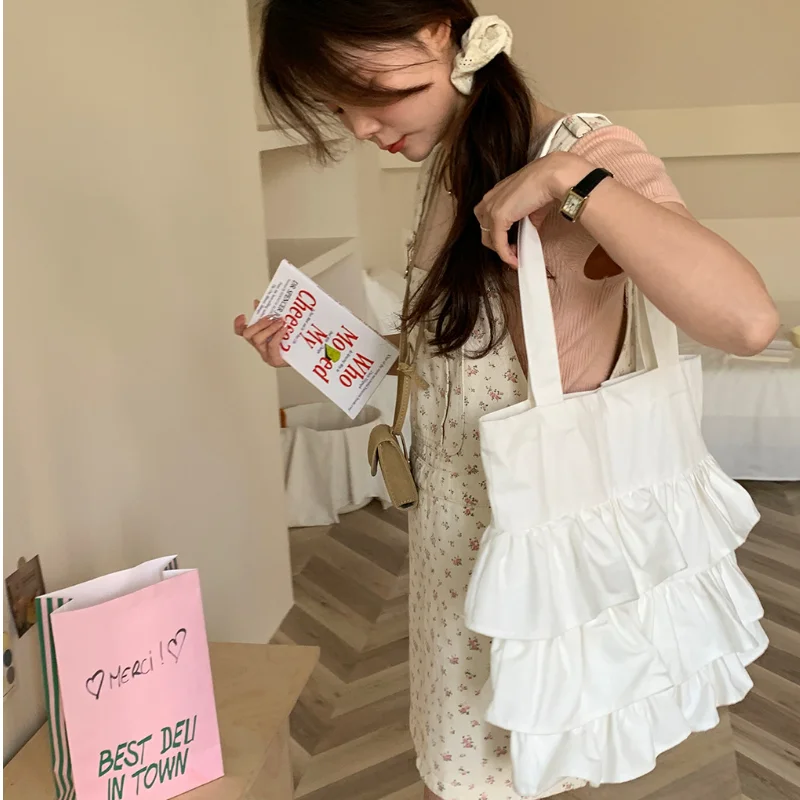 Summer New Simple White Ruffled Single Shoulder Bags Gentle Girls High-capacity Canvas Handbags Fashion Student Schoolbags