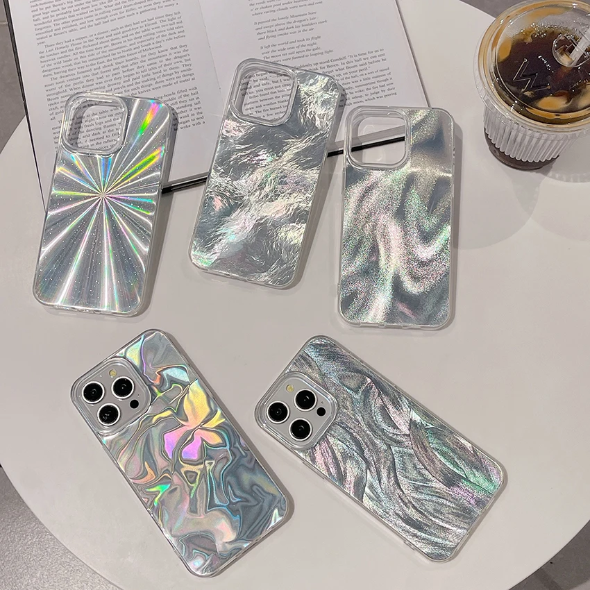 حافظة هاتف ملونة انبهار بالليزر لهاتف آيفون 16 15 14 13 برو 12 11 ماكس تموج الماء 16 برو 17 برو 15 برو حافظة هاتف صلبة 14 برو ماكس