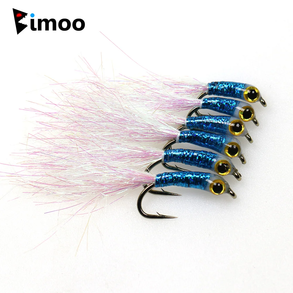 Bimoo 6PCS/Box Epoxy Minnow Streamer Fly #8 #10 #12 Blue Flash  Gliss Body Ice Dubbing Tail Trout Bass Perch Jig Lure Bait