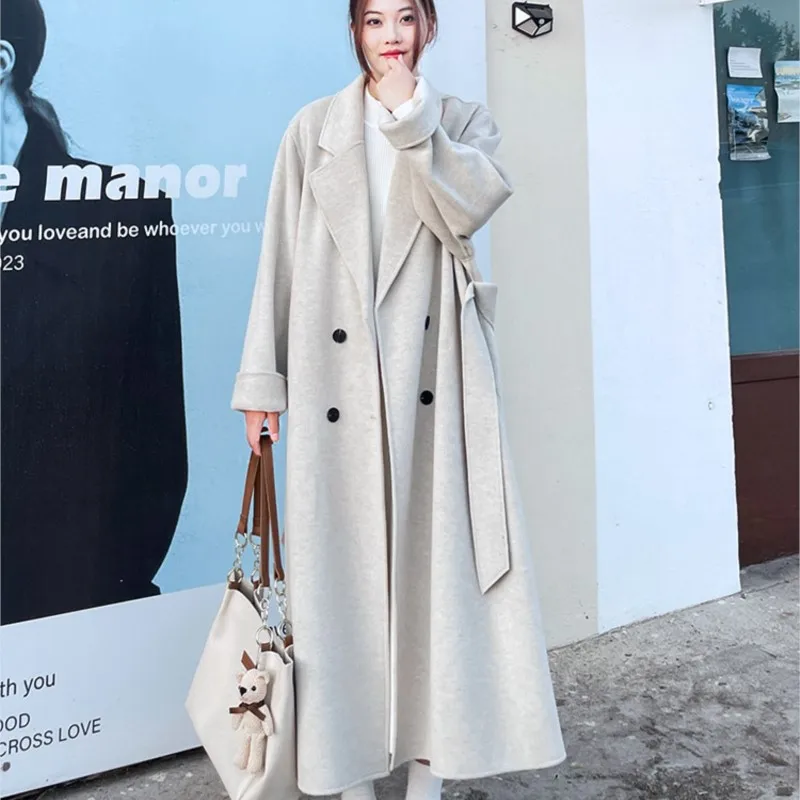 Reversible Cashmere Coat Women's Lace-up Loose Long Woolen New over-the-Knee White Wool