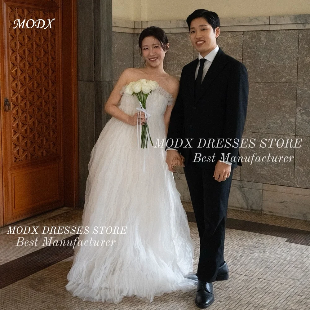 

MODX Simple Ivory Strapless Pleats Korean Wedding Dress Tulle Bridal Gown Floor Length Customized Vestidos Novias Boda Women