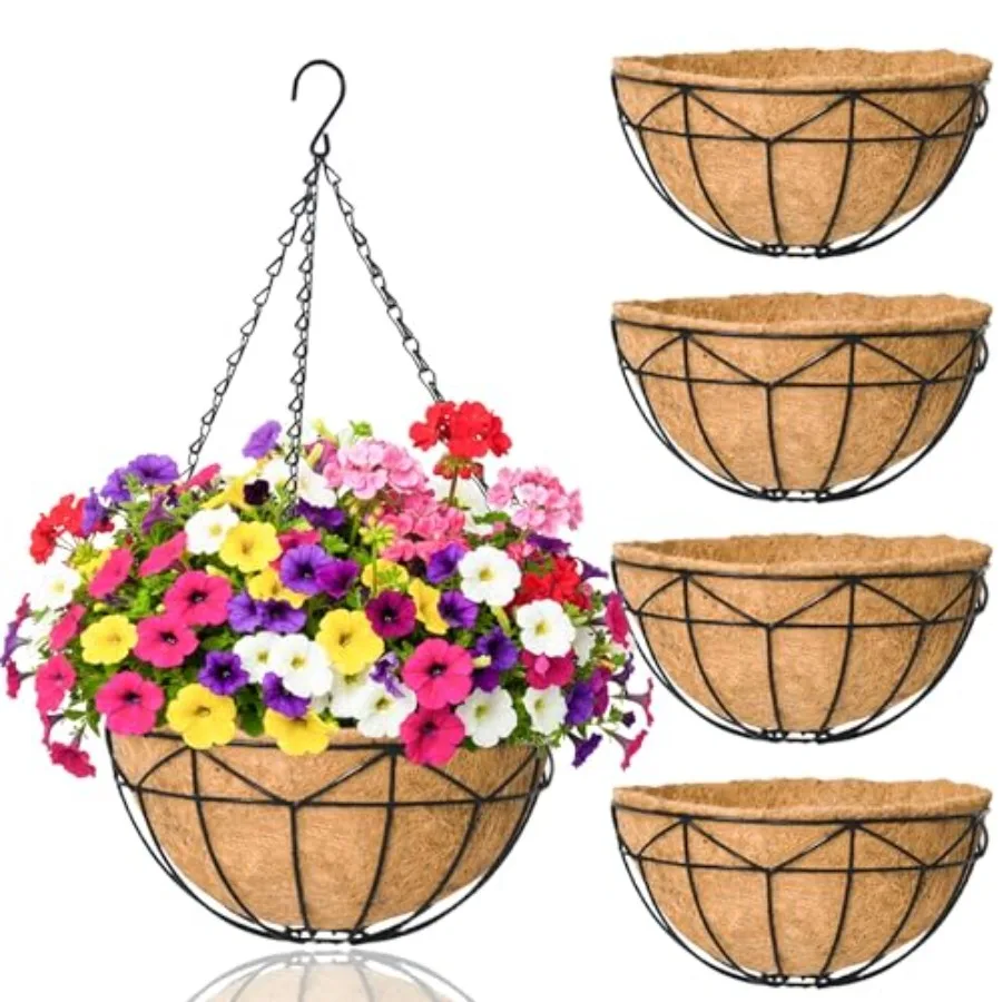 

4 Pack Hanging Baskets for Plants Outdoor Metal Hanging Planters with Coco Coir Liner Round Wire Plant Holder Hanging Flower Po