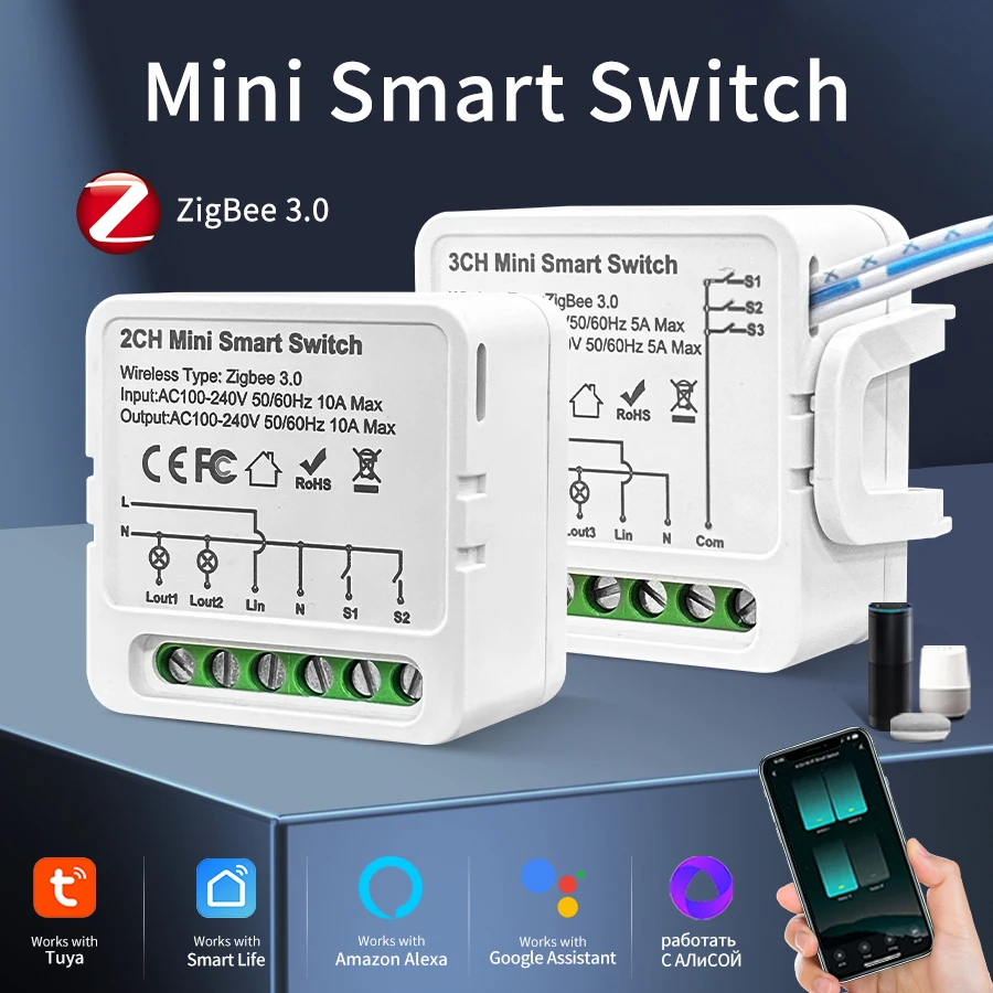 Zigbee 3.0 Smart Wireless Switch 1/2/3 Kanäle 16A/10A/5A 100-240V Smart Home APP Sprachsteuerung Funktioniert mit Alexa Google Home