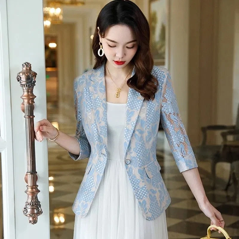 Women's Blazer Jacket Korean 2025 Spring Summer New Slim Lace printing Small Suit Jackets Ladies Elegant Thin Blazers Women Coat