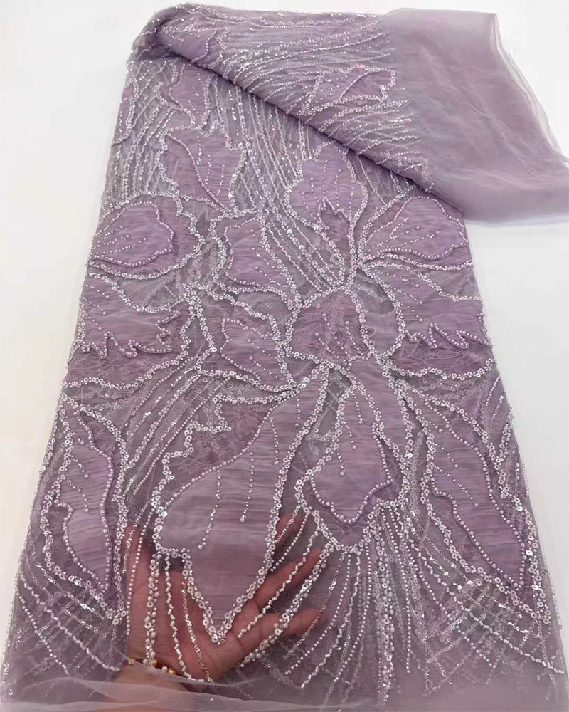 High Quality African Sequins Beaded Lace Fabric for Wedding Dress French Nigerian Style Embroidery Beadwork
