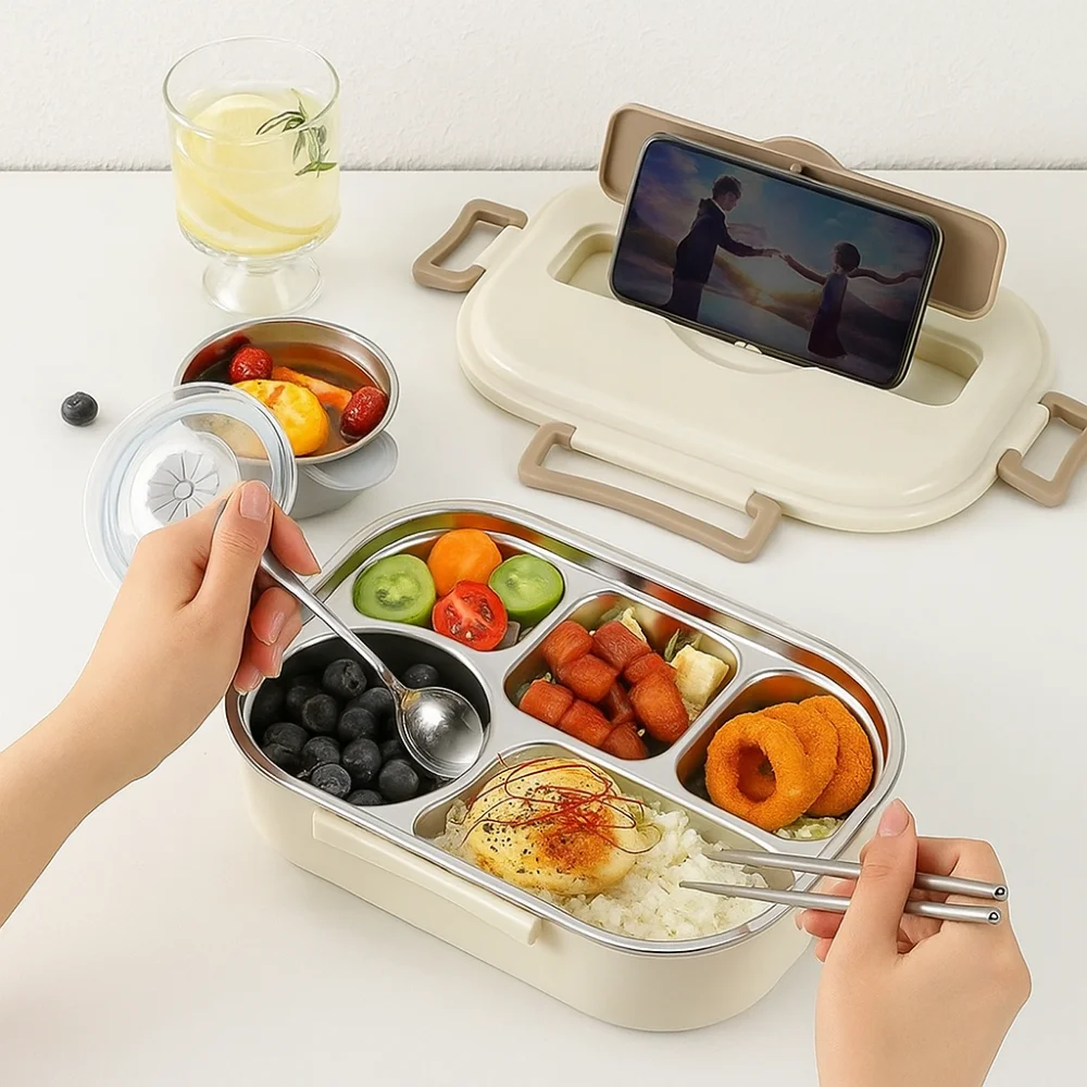 

304 Stainless Steel Insulated Compartment Lunch Box Large Capacity Sealed Food Container with Soup Bowl and Cutlery Picnic Box