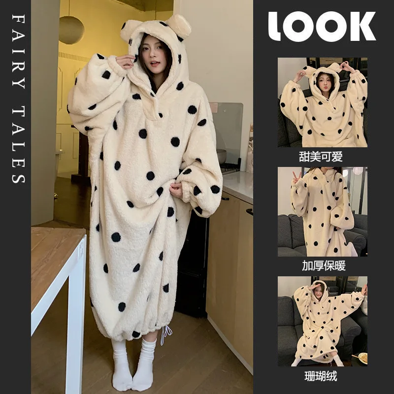 Plus Size Women\'s Winter Warm Sleepwear Cute Coral Fleece Thickened Nightgown Loose Home Clothes Outerwear Hooded Plush Pajama