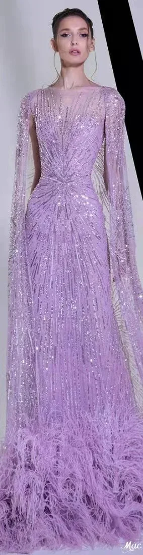 Customized Luxury Purple Beaded Cape Feathers Evening Dresses 2024 Fashion Mermaid Floor-Length vestidos de fiesta فساتين سهره H