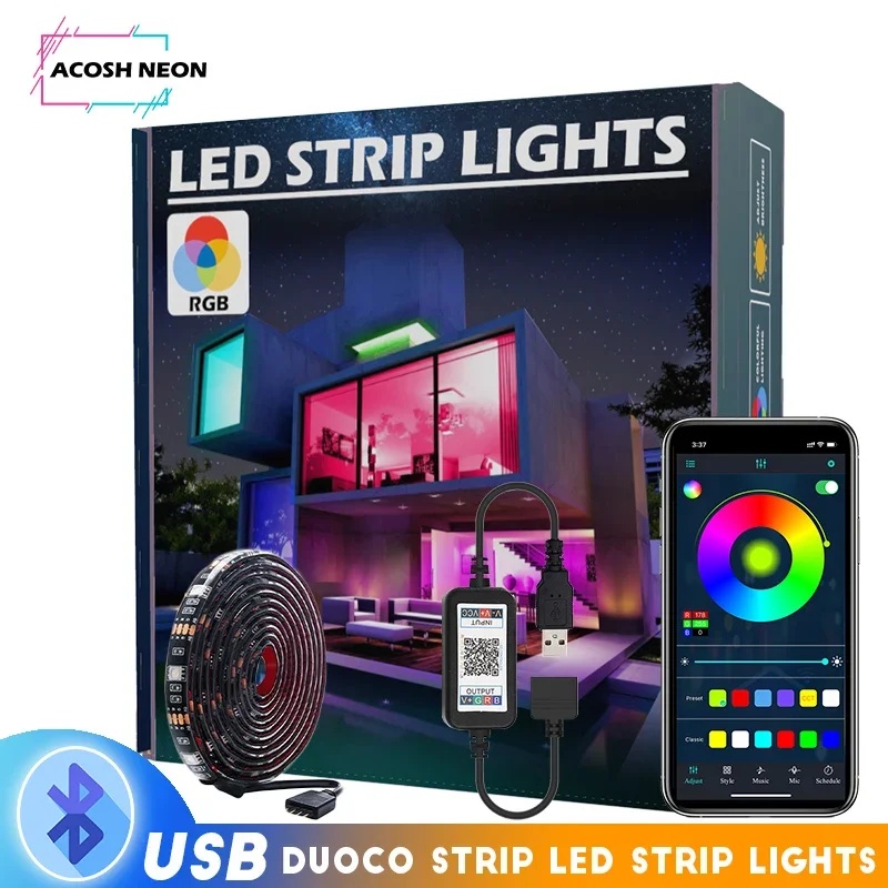 RGB LED 스트립 블루투스 스마트 스트립 조명, 홈 침실 TV 백라이트용 블랙 PCB USB 라이트 스트립, 30Leds/m