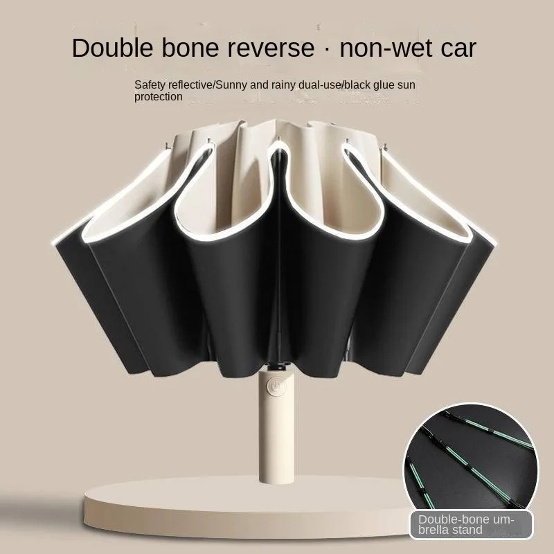 Reflective Umbrellas Reverse Three Fold 20 Bone Black Glue Automatic Sunshade Sunscreen Rain Umbrella Strong Wind Resistance