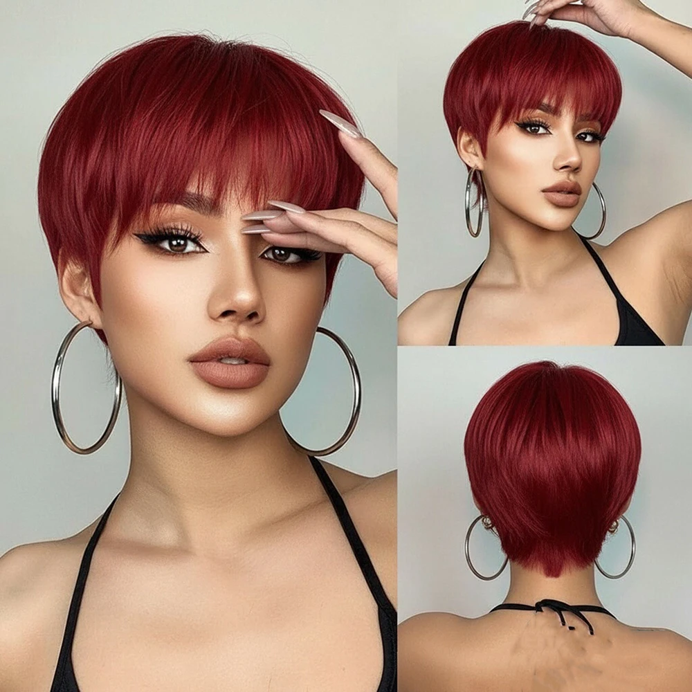 اللون الأحمر قصيرة عابث قطع شعر مستعار شعر طبيعي مفرود الباروكات مع الانفجارات قبل قطعها للنساء كامل آلة صنع قبعة شعر مستعار برازيلي