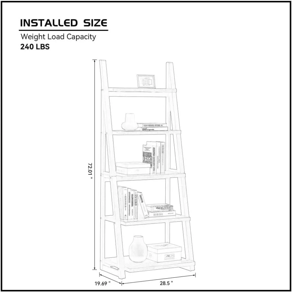 رف كتب على شكل سلم مع إطار من الخشب المطاطي - رف تخزين من 5 طبقات للمنزل والمكتب وغرفة المعيشة والمطبخ واستخدام غرفة النوم