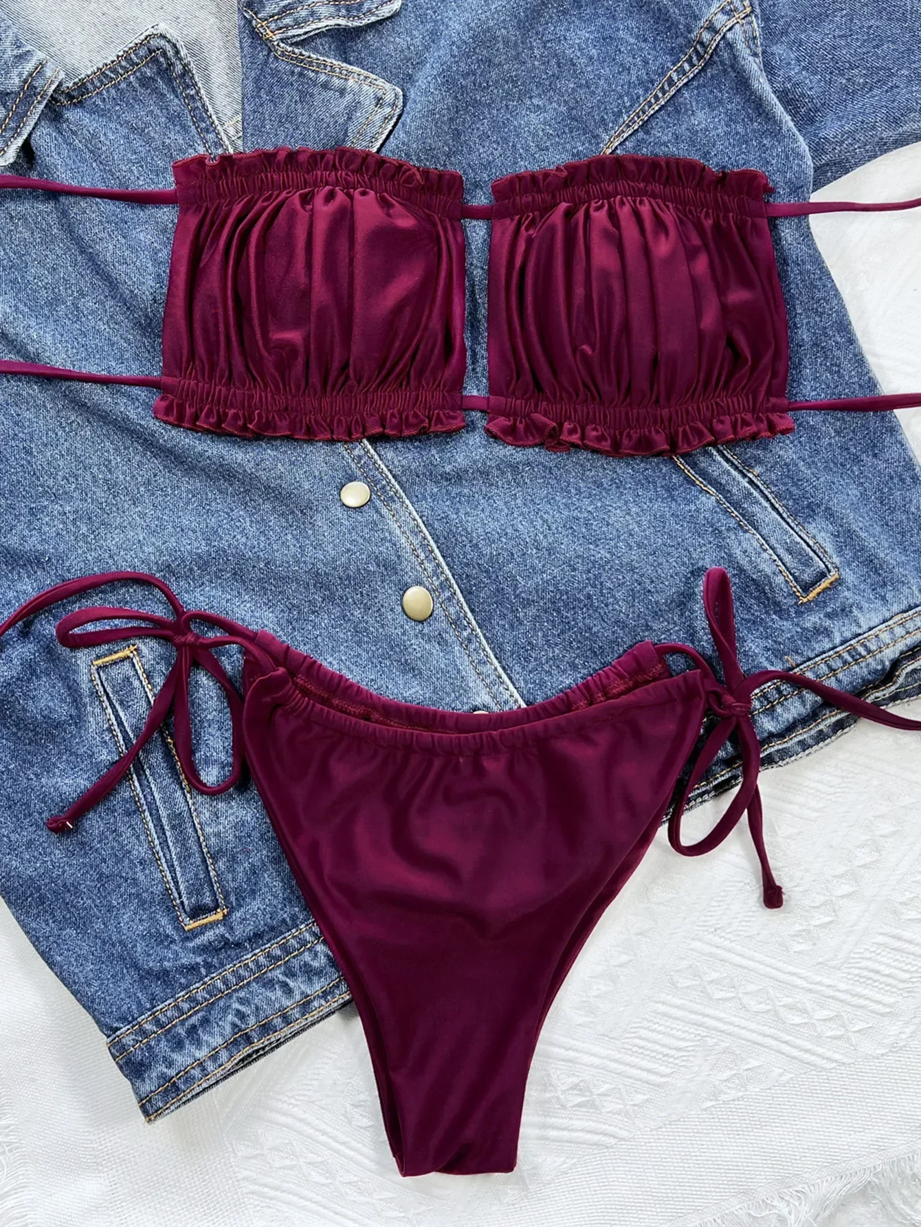 Bikini viola sexy volant scava fuori costume da bagno donna 2 pezzi con spalle scoperte vita alta perizoma costume da bagno costumi da bagno da spiaggia XMQC1977