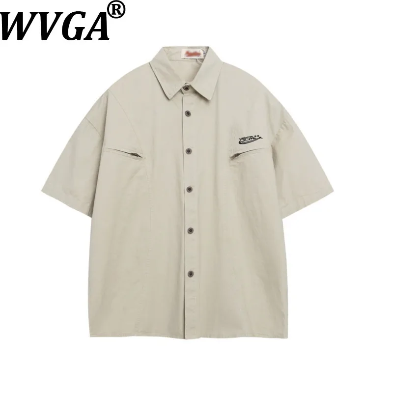 

WVGA Summer New Men Short Sleeve Shirt High Street Solid Color Pocket Zipper Design Niche Casual Turn-down Collar Top Ins W19603