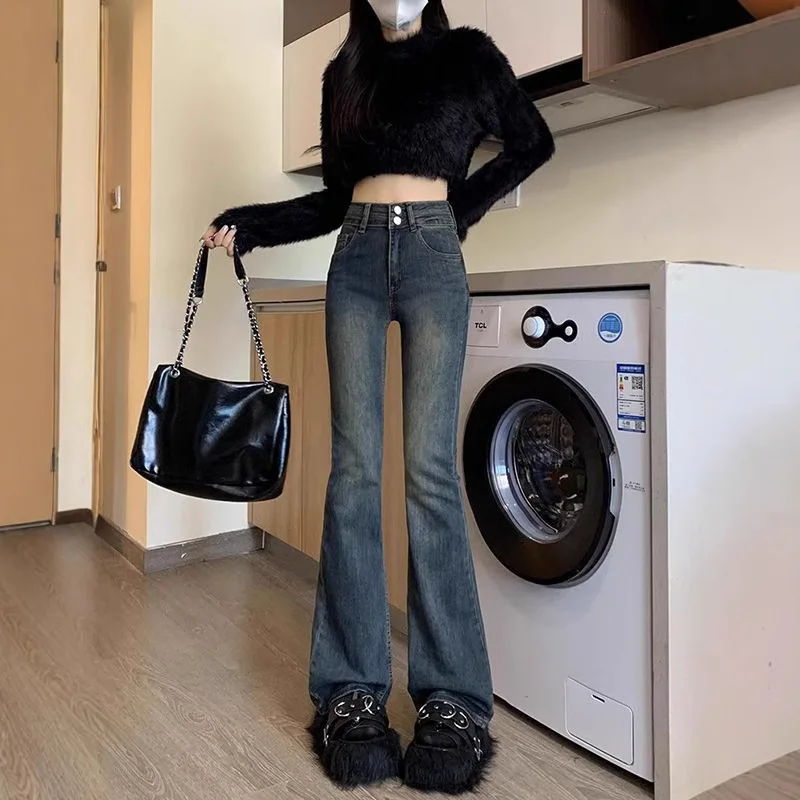 Cement Gray Micro-pull Jeans Women's 2025 New Small Slim Spice Girl High-waisted Flared Horseshoe Pants