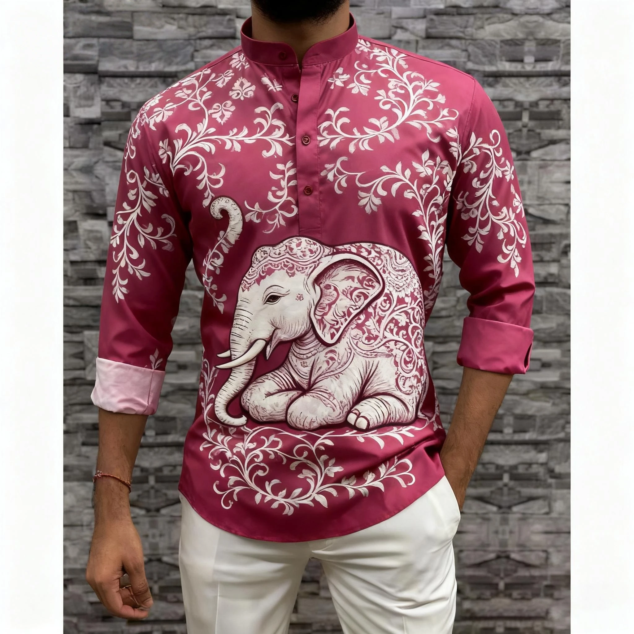 الرجال مسلم بسيط عارضة قميص العرقية الطباعة نمط طويل الأكمام قميص الوقوف طوق البرق رقيقة بلوزة النمط الوطني