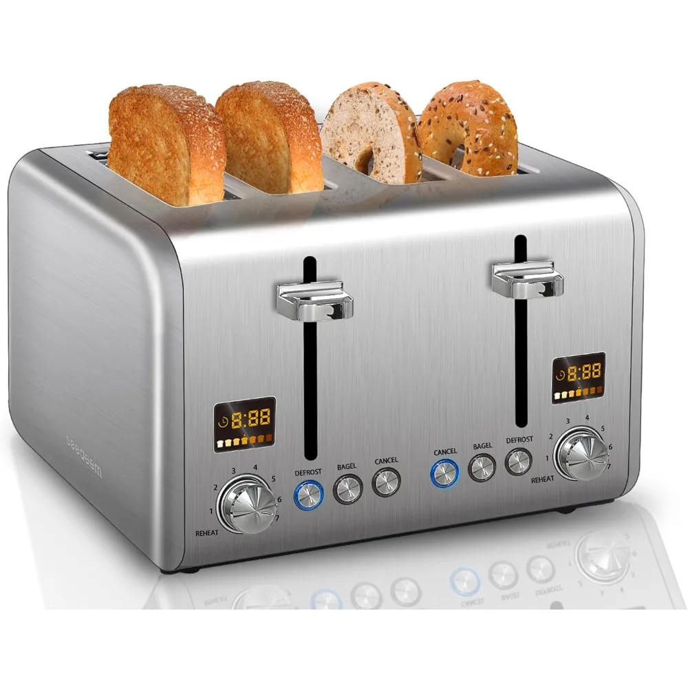 

4 Slice Toaster, Stainless Bread Toaster with Bagel/Defrost/Reheat Functions, 7 Bread Shade Settings, Removable Crumb Tray