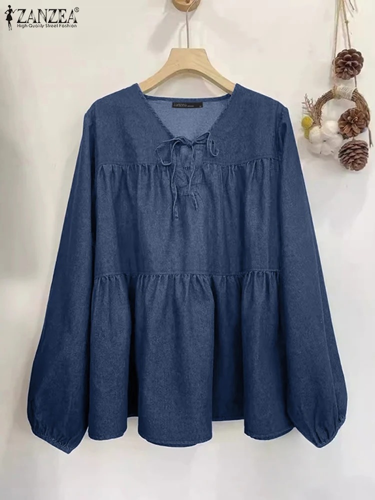 ZANZEA Stijlvolle Herfst Lange Mouw Effen Shirt Mode Vrouwen Denim Blauwe Blouse Lace Up Ruches Tops Tuniek Casual Blusas Mujer