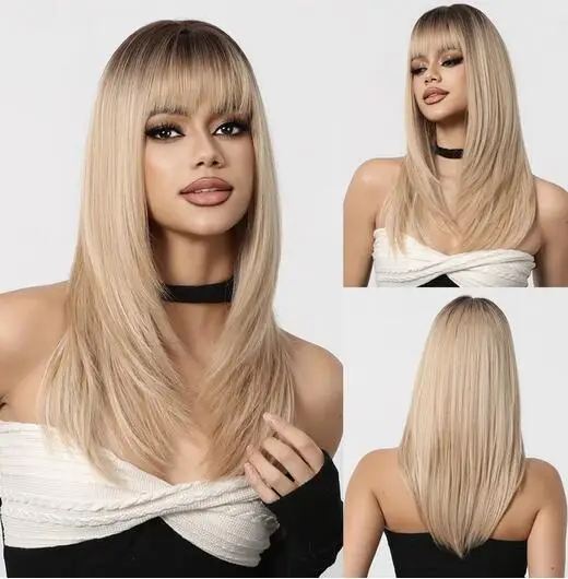 

Rice Blonde Synthetic Wig with Bangs Medium Length Straight Natural Hair Dark Roots Cosplay Daily Wigs for Women Heat Resistant