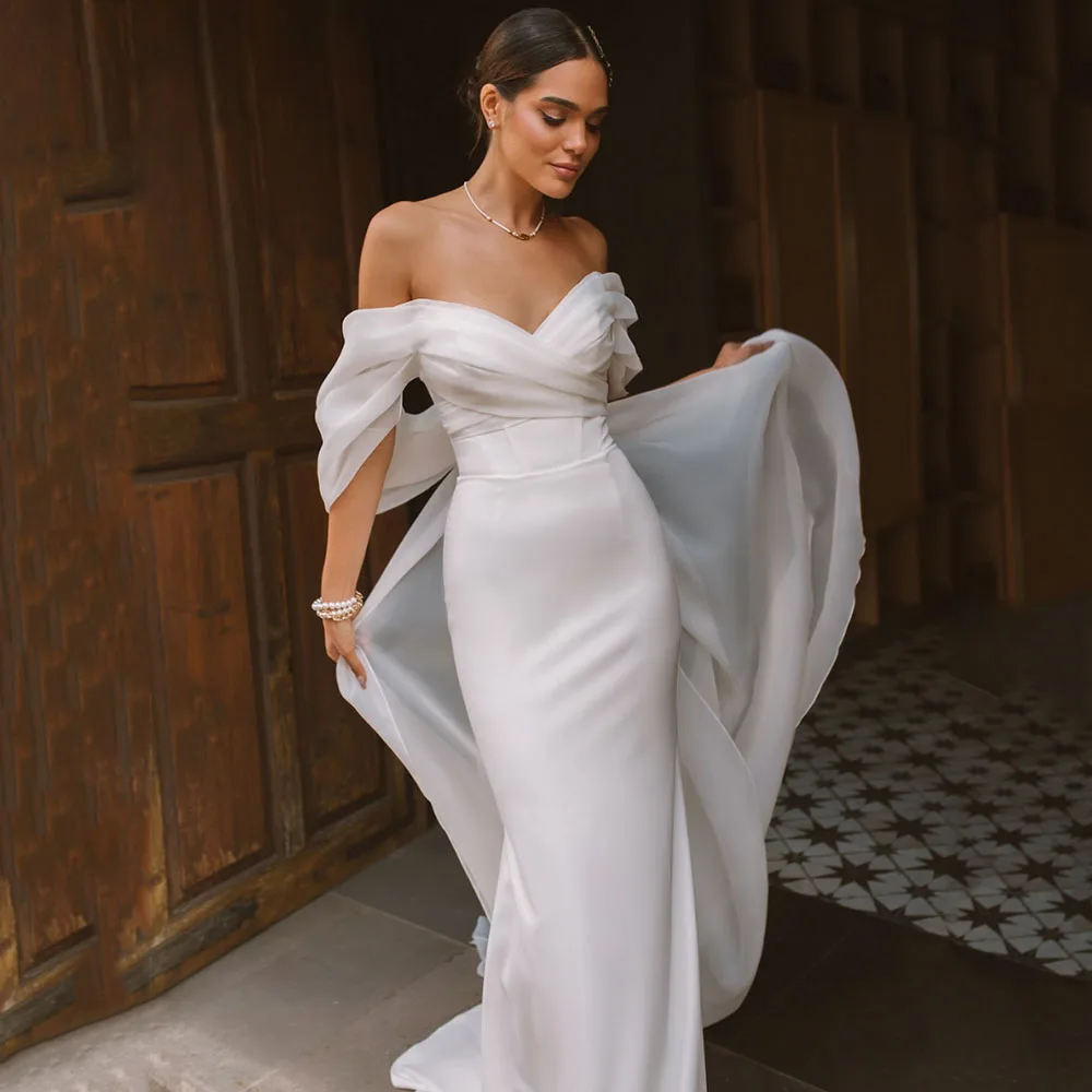 

Mermaid Wedding Dresses Ivory Organza Satin Off the Shoulder Elegant Wedding Gown for Bride V Neck Backless Trumpet Bridal Dress