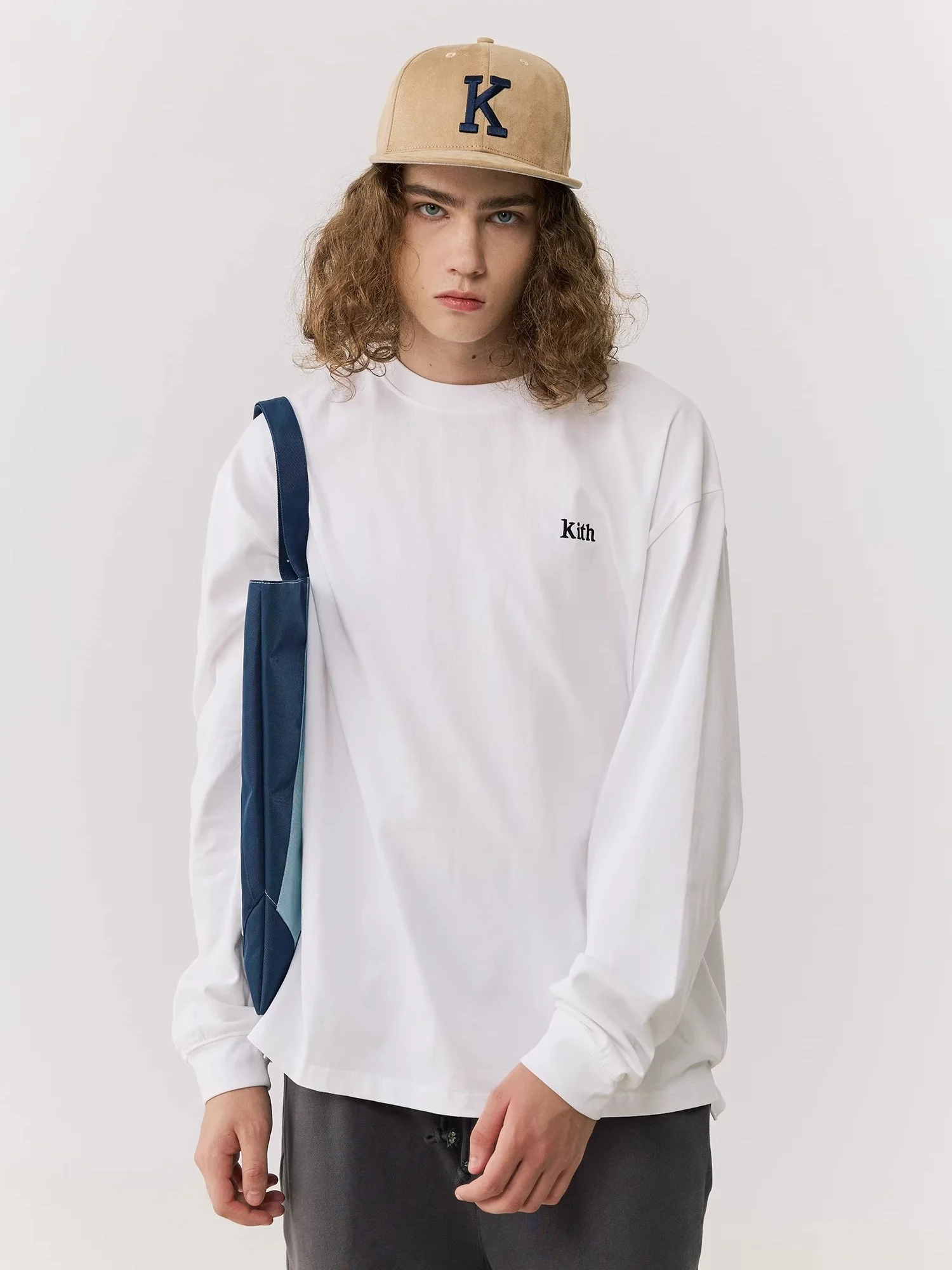 Kith Classic Embroidered Logo Long Sleeve Loose round Neck Men Women Couple Trendy Simple Shoulder T-Shirt Cotton Casual Tee