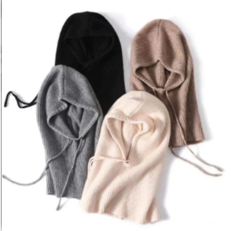 AliExpress sparsil Women's 100% Wool Knitted Drawstring Cap Solid Color Ear Neck Protection Hiking and Cycling Soft Fashionable Cozy for Winter