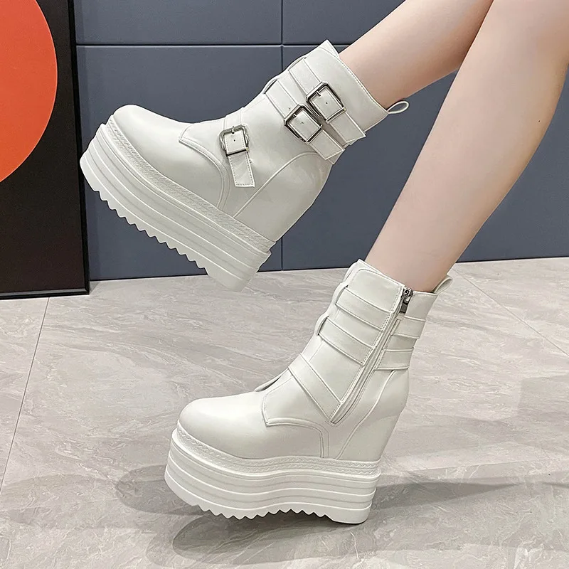 

Новинка 2025, модные короткие ботинки на танкетке, непромокаемые ботильоны на платформе, увеличивающие рост, женская обувь с боковой молнией и пряжкой