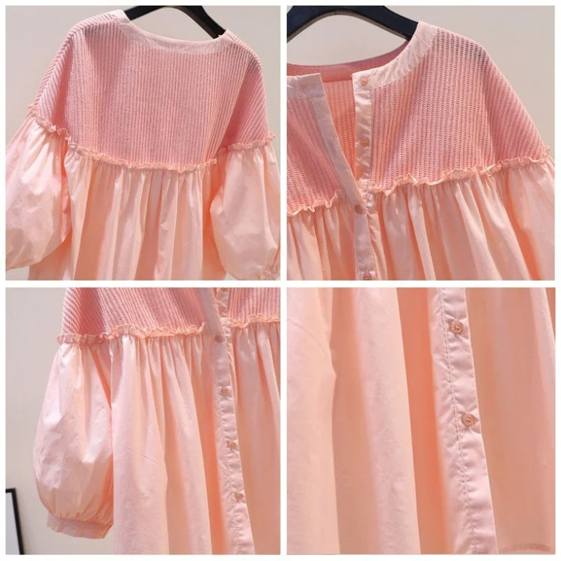 Korean Pink Lantern Sleeves Sweet Doll Shirt Summer Ear Edge Shirt Knitted Spliced Cotton Loose Women's Shirt