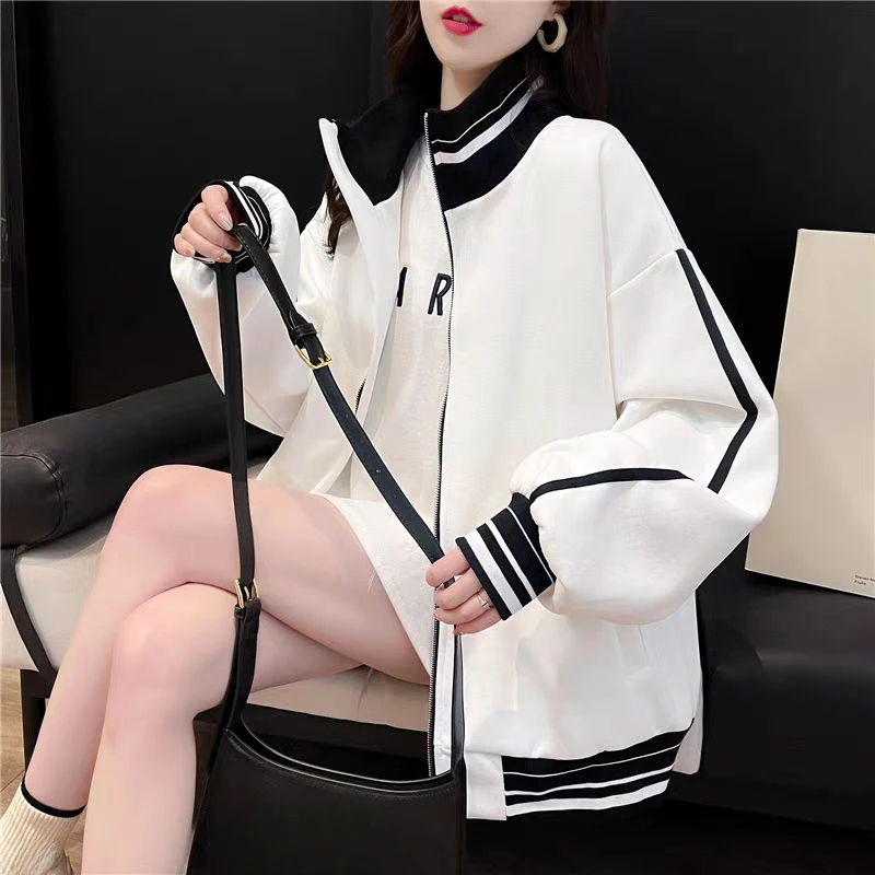 Female Clothes Black Sweatshirts for Women Full Zip Up Tops with Zipper Coat Striped Y2k Hoodie 2000s Long Sleeve Style Matching