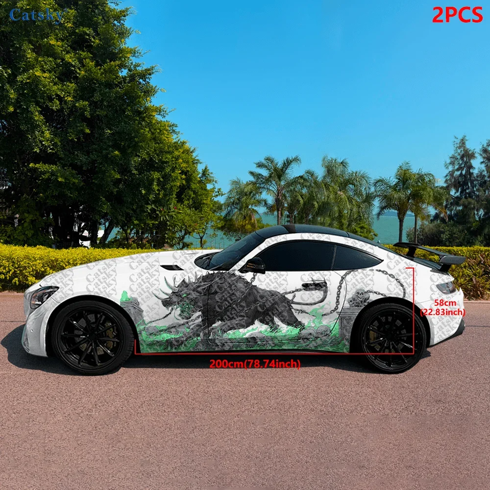 2pcs.Three-Pointed Chain Wolf Car Side Decals | Self-Adhesive PVC Waterproof & Scratch-Resistant Stickers, Fashionable De