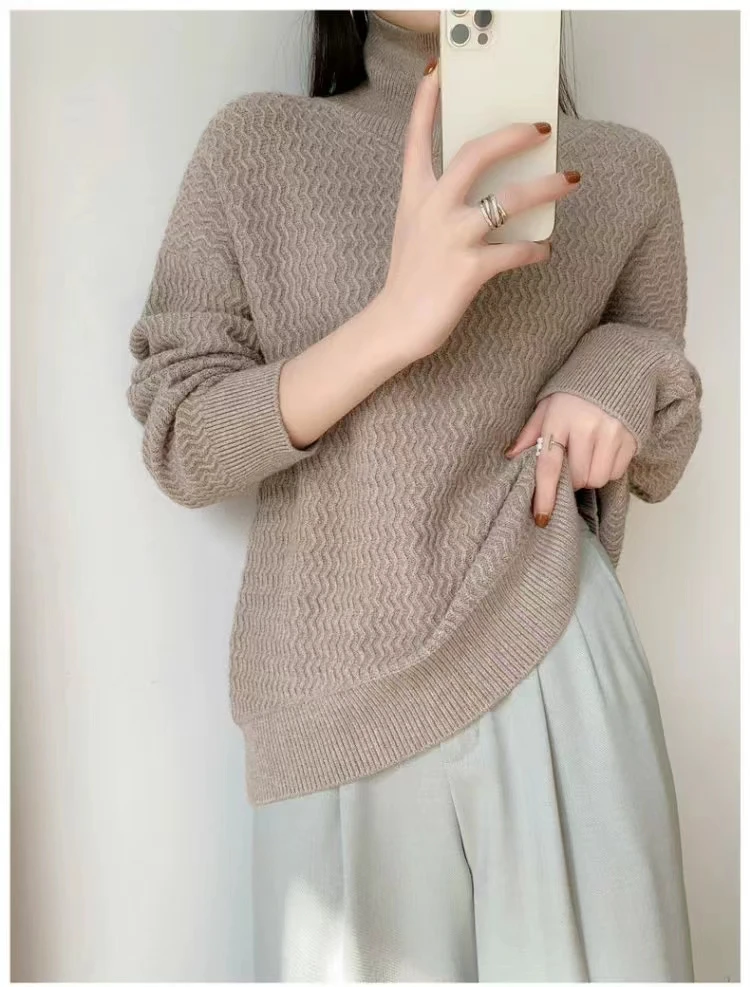 

Cashmere Knitted Twisted Sweater, Loose and Versatile Bottoming, Thick, Semi-High Neck, Plus Size, Autumn and Winter, New