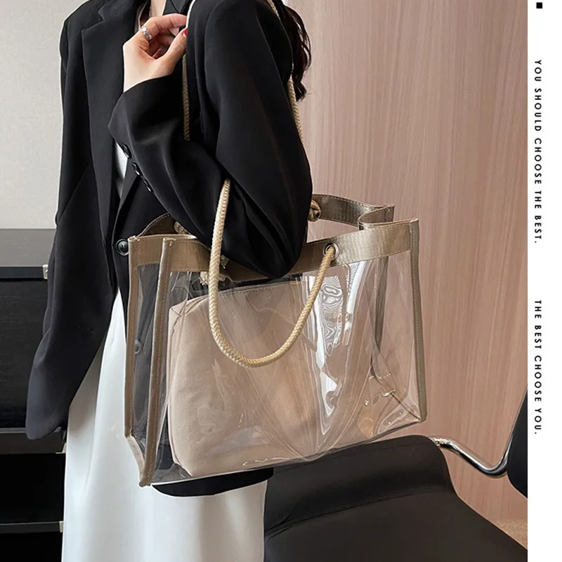 Trendy Transparent Tote Bag with Female Niche Design, Single Shoulder Simple and Large Capacity Waterproof Composite Bag