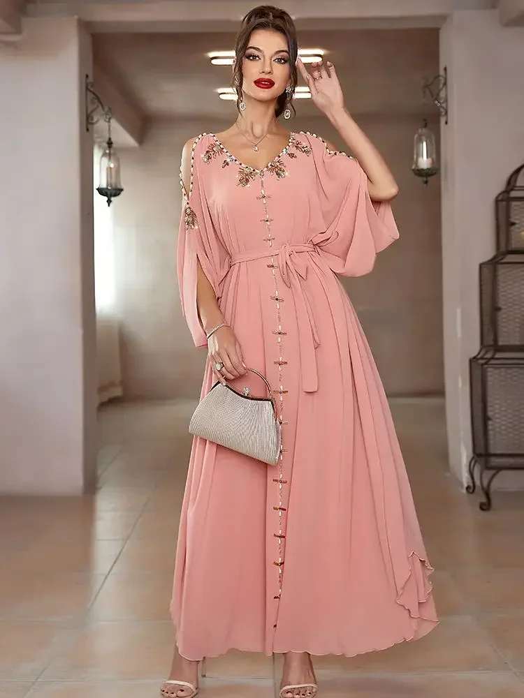 Ramadan Eid Party Dress Morocco Kaftan Off Shoulder Pink Diamond Beads Dubai Abaya Long Dress Abayas for Women Robe Musulmane