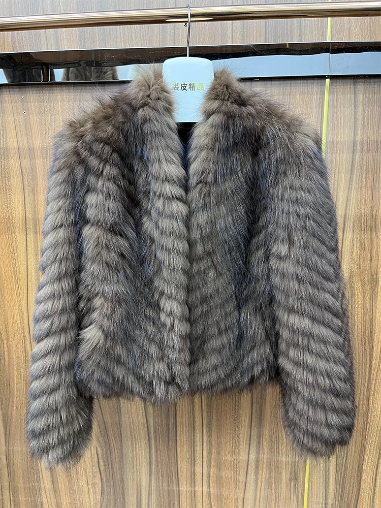 

2026 Fashion Winter Women Real Natural Fox Fur Coat Thick Warm Luxury Outerwear Fur Strip Sewed Toghter V-neck Jackets