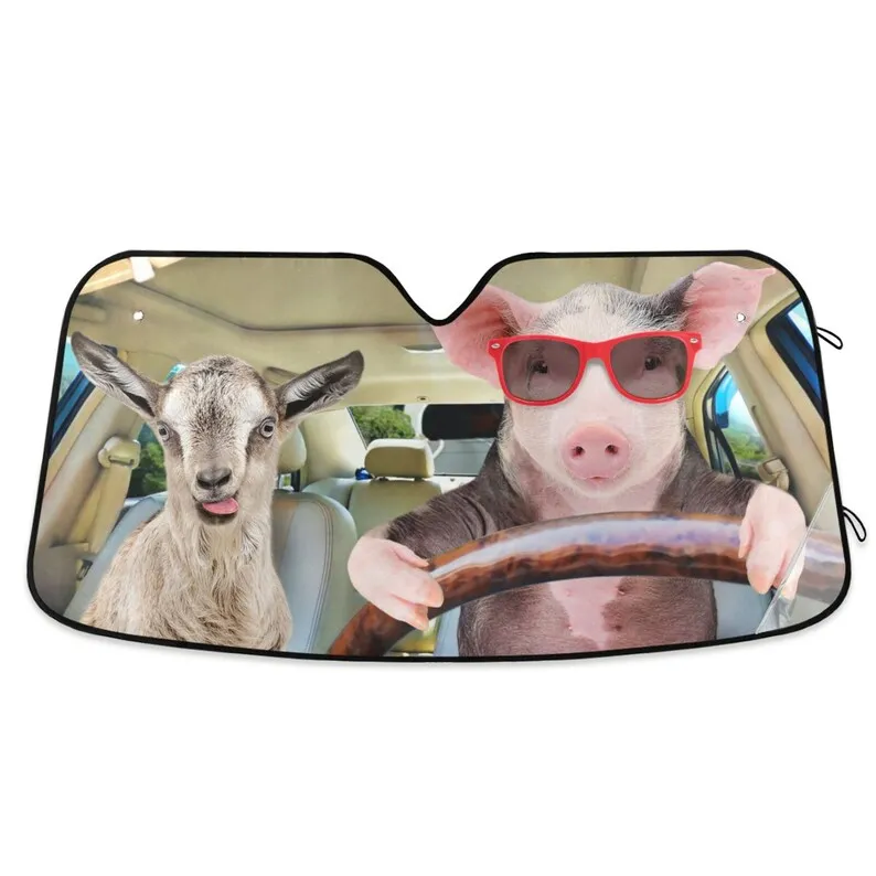 Pig in sunglasses carrying goat in car car auto sun visor windshield auto parts auto protection window sun visor trim