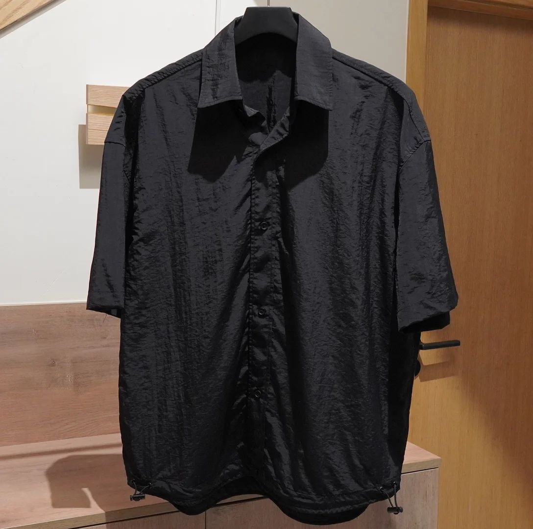 

European and American Fashion Men's Box-Shaped Cut Loose Shirt Short-Sleeved Solid Color Simple Black Shirt
