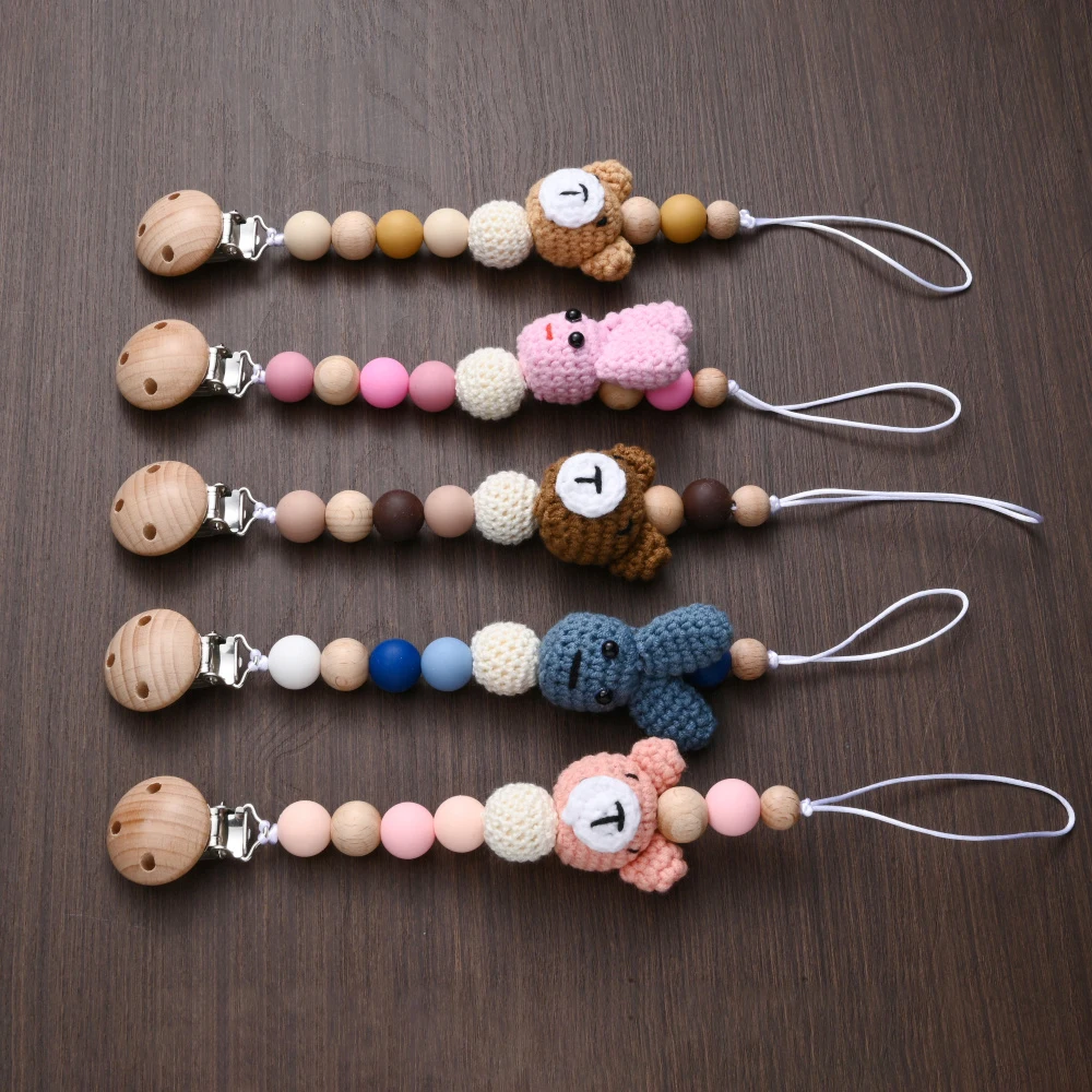 Baby Handmade Woven Pacifier Chain Weave Rabbits Bear Teething Dummy Holder Clip For BPA Free Pacifier Nursing Chew Chain Toys