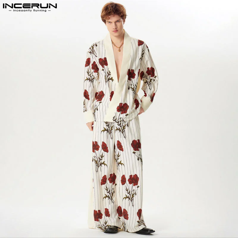 INCERUN Men Sets Flower Printing Loose V Neck Long Sleeve Shirt & Wide Leg Pants 2PCS Streetwear 2024 Fashion Men\'s Casual Suits