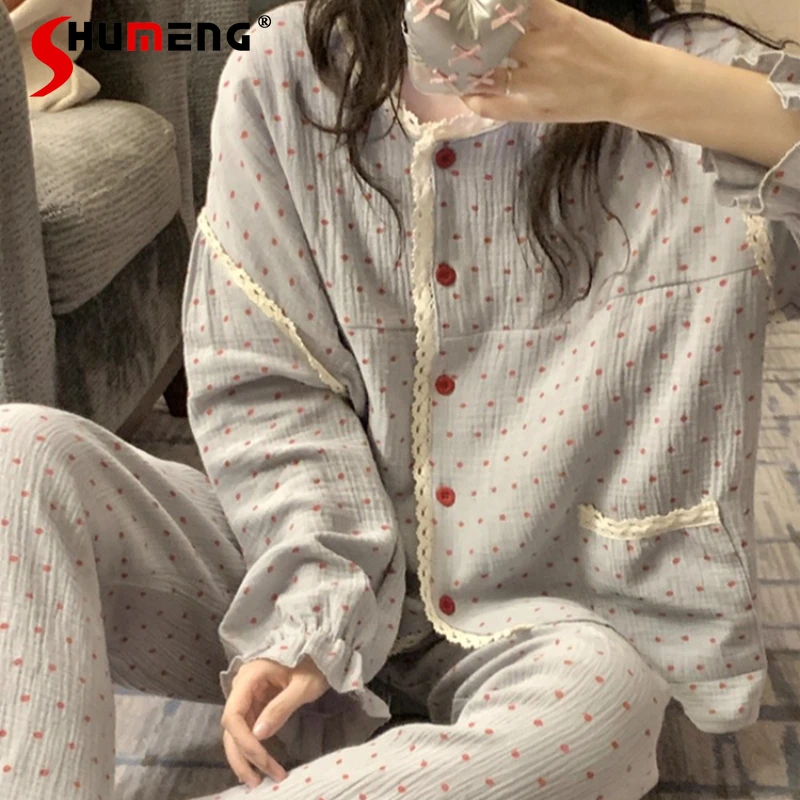 

Cotton Gauze Home Clothes Set Women Spring Autumn Sweet Lace Round Neck Pajamas Female Polka Dot Long Sleeve Loungewear
