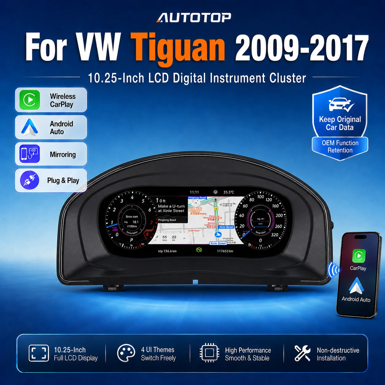AUTOTOP Tableau de bord numérique 12,3 pouces pour Volkswagen VW Tiguan MK1 5N 2009-2017, Mise à niveau du tableau de bord virtuel LCD, Prise en charge du CarPlay sans fil, Android Auto, AirPlay, MirrorLink, Affichage multimédia de navigation, Compteur de vitesse, Pression des pneus