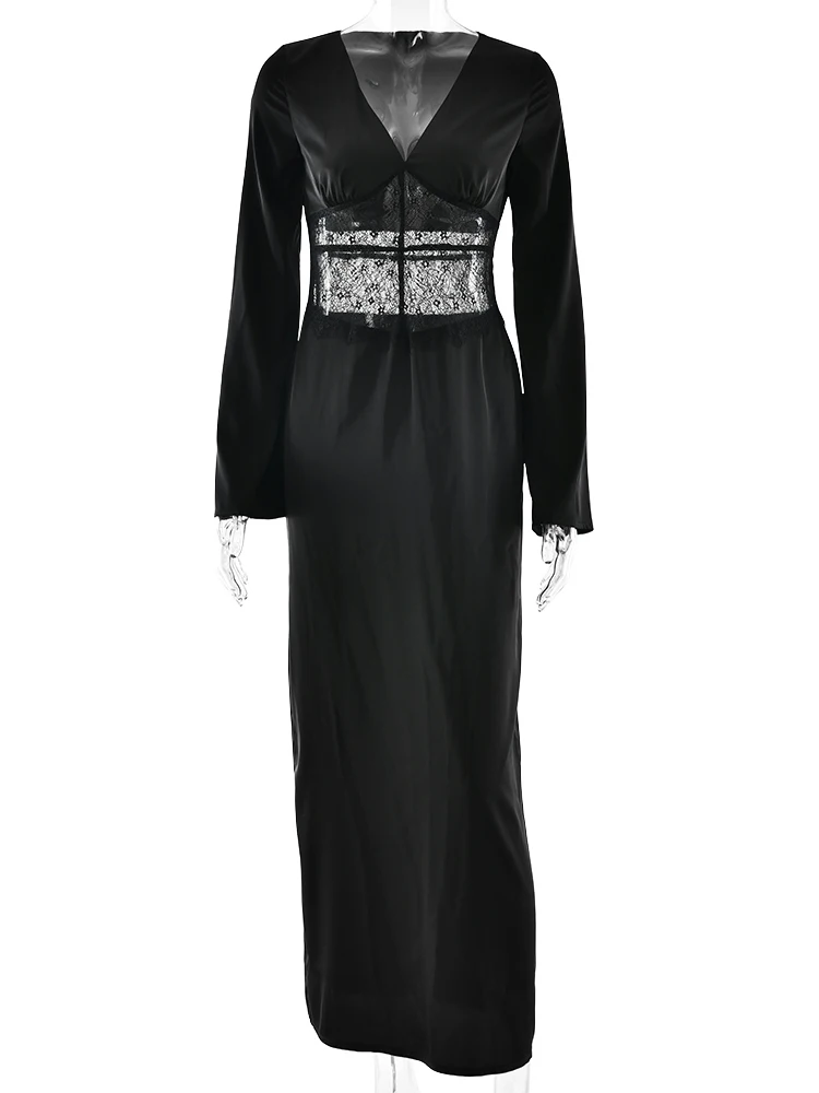 Sibybo – robe Maxi en Satin et dentelle pour femmes, décolleté en V profond, Patchwork, Sexy, manches longues, transparente, moulante, tenue de mariage, robes de soirée élégantes