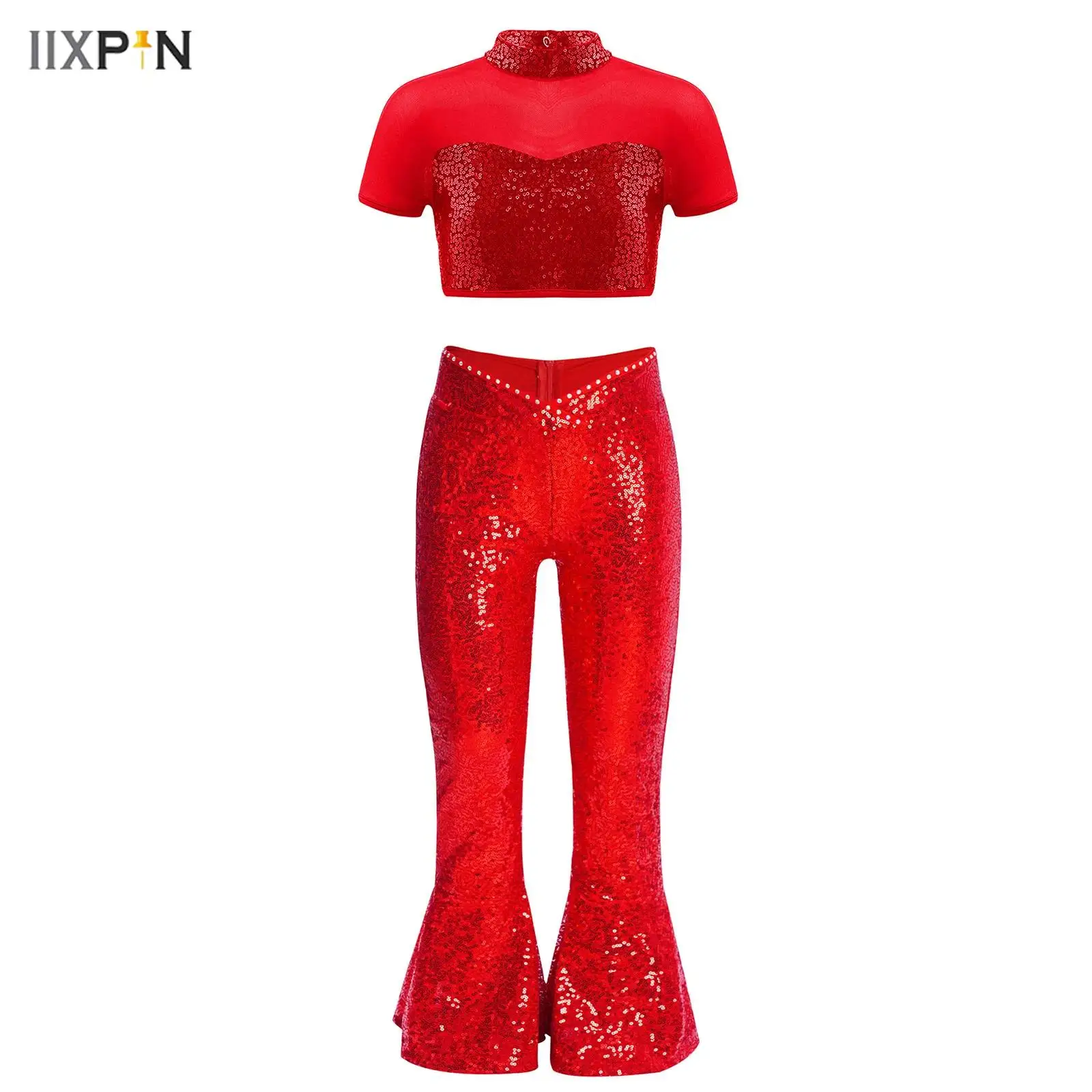 

Kids Girls Jazz Disco Dance Outfit Shiny Sequins Short Sleeve Mesh Cutout Back Crop Tops+Bell Bottom Pants 2Pcs Modern Dancewear