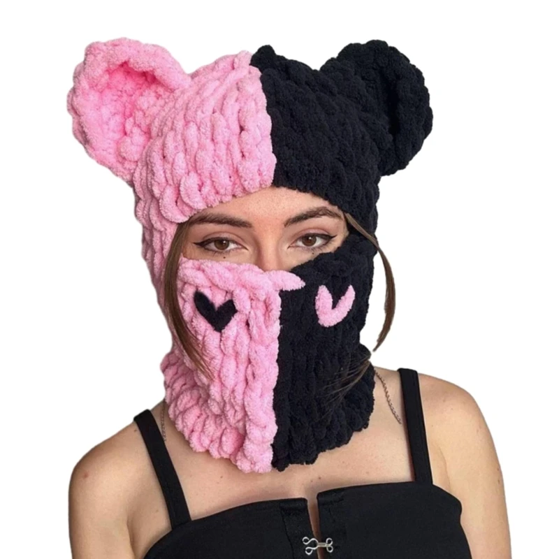 Bear Ears Halloween Knitted Hat Warm Full Face Cover Ski Mask Hat Windproof Balaclava Hat for Men Womens DXAA