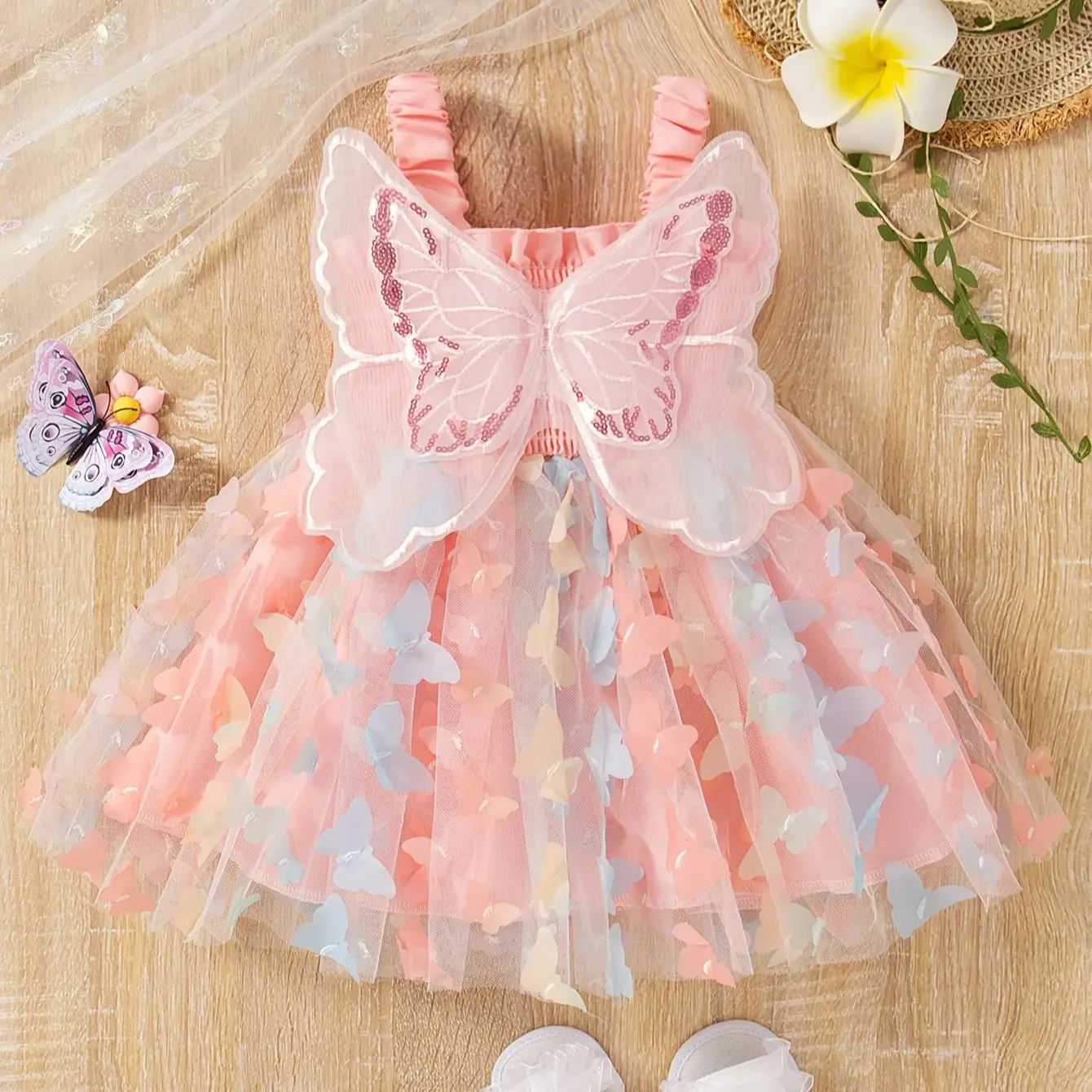 

Новое летнее красочное платье с бабочкой для маленьких девочек, детская одежда в стиле принцессы, подходящая на Новый год (9 месяцев-3 года)