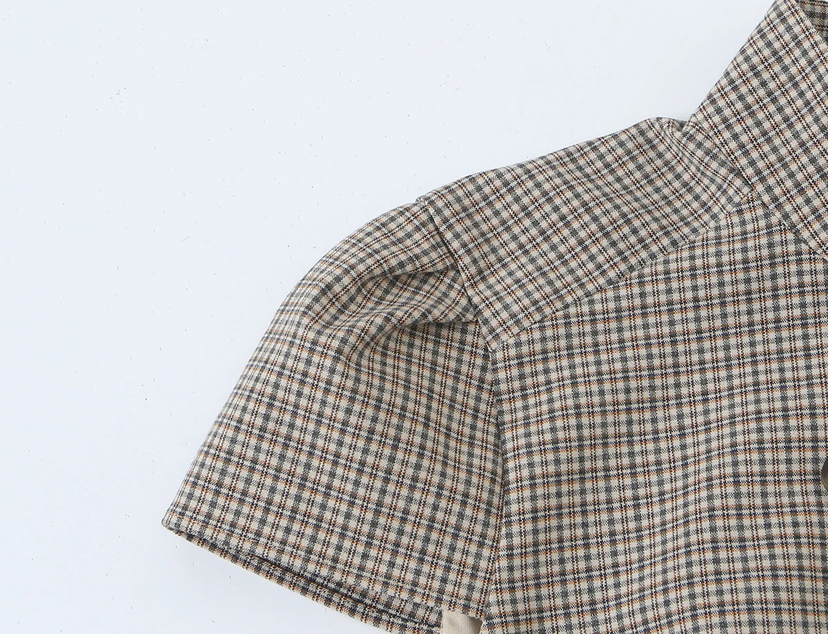 BSAY 2026 Neue Retro Preppy-Style Damen Bluse mit Stehkragen, Doppelreihig, Kurzarm, Schmal Geschnitten, Kariert und Gestreift, Arbeitsbluse – Detail 9