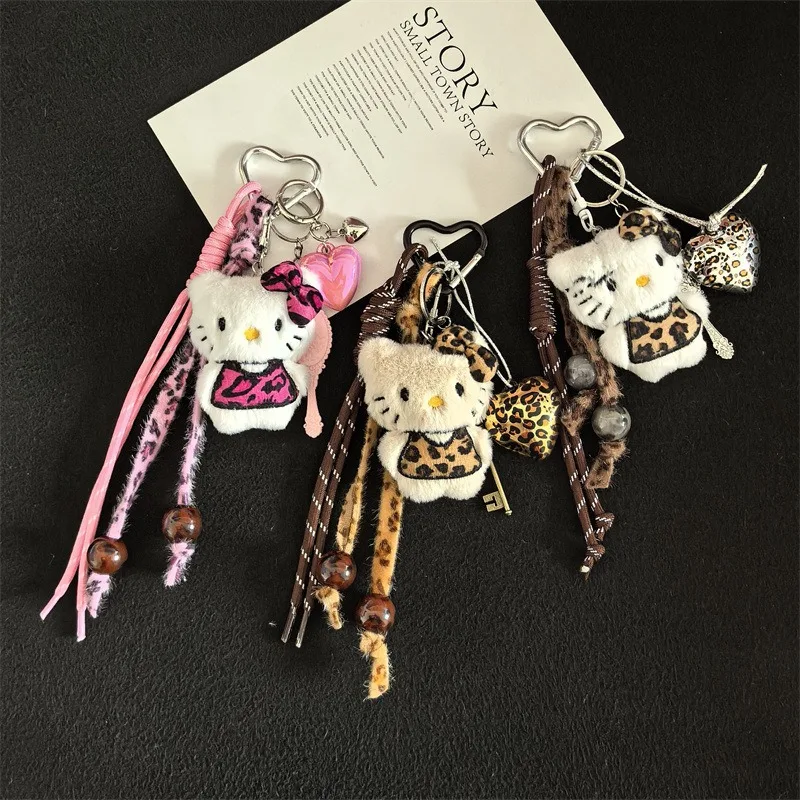 Sanrio Cartoon Hello Kitty Leopard Pattern Series Plush Keychain Pendant Daily Backpack Personalized Fashion Accessories