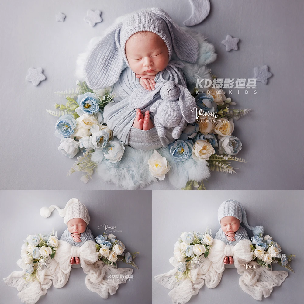 Whimsical Newborn Photography Kit Swaddle Wrap Knitted Hat Headband Felt Stars Photo Studio Baby Grey Theme Shooting Accessories
