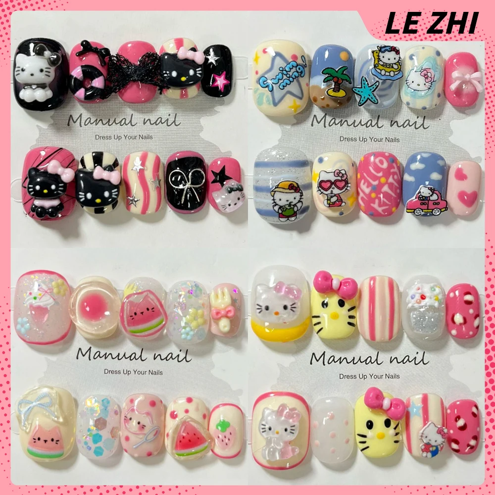 

10Pcs Kawaii Sanrio Hello Kittys Handmade Cartoon False Nail Cute Bear Dog Short Square Round Watermelon Bowknot Fake Nail